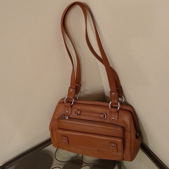 multi compartment leather handbag